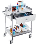 Stainless Steel Utility Cart With Wheels For Medical And Dental Labs Heavy Duty Rolling Cart With Two Shelves And One Drawer Corrosion Resistant And Easy To Clean Ideal For Clinics Sterile Storage And Lab Work.
