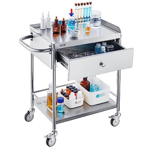 Stainless Steel Utility Cart With Wheels For Medical And Dental Labs Heavy Duty Rolling Cart With Two Shelves And One Drawer Corrosion Resistant And Easy To Clean Ideal For Clinics Sterile Storage And Lab Work.