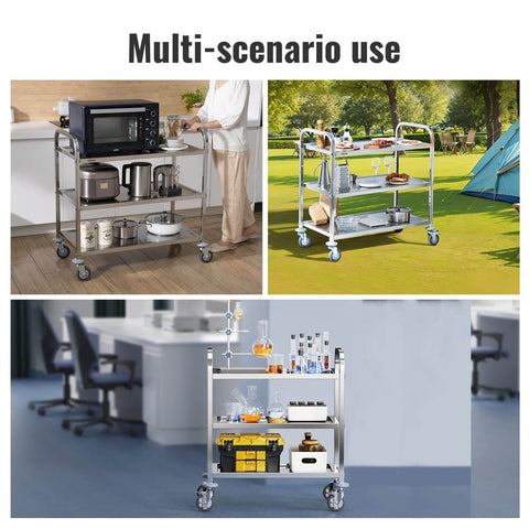Stainless Steel Lab Cart With Three Shelves 400 Pounds Capacity Locking Wheels Medical Utility Cart For Lab Clinic Kitchen