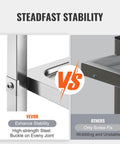 Comparison of stainless steel lab cart with three shelves emphasizing stability and high-strength steel buckle feature.