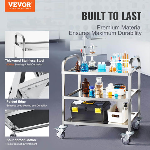 Stainless Steel Lab Cart With Three Shelves 400 Pounds Capacity Locking Wheels Medical Utility Cart For Lab Clinic Kitchen Salon