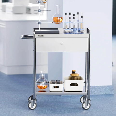 Stainless Steel Utility Cart With Wheels For Medical And Dental Labs Heavy Duty Rolling Cart With Two Shelves And One Drawer Corrosion Resistant And Easy To Clean Ideal For Clinics Sterile Storage And Lab Work