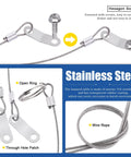 Close-up of stainless steel lanyard and mounting screws from Lynch Pin And Lanyard Cable Kit With Quick Release Rings For Farm Gear.