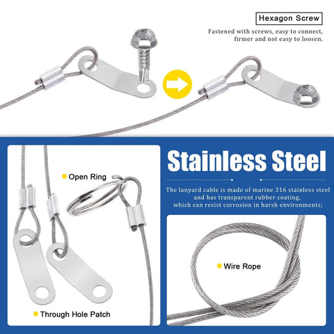 Close-up of stainless steel lanyard and mounting screws from Lynch Pin And Lanyard Cable Kit With Quick Release Rings For Farm Gear.