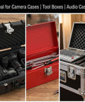 Sturdy 304 stainless steel latch set with a compact 2x1.5 inch footprint, four-pack shown on camera, tool, and audio gear cases.