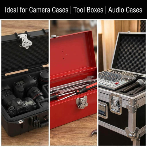 Sturdy 304 stainless steel latch set with a compact 2x1.5 inch footprint, four-pack shown on camera, tool, and audio gear cases.