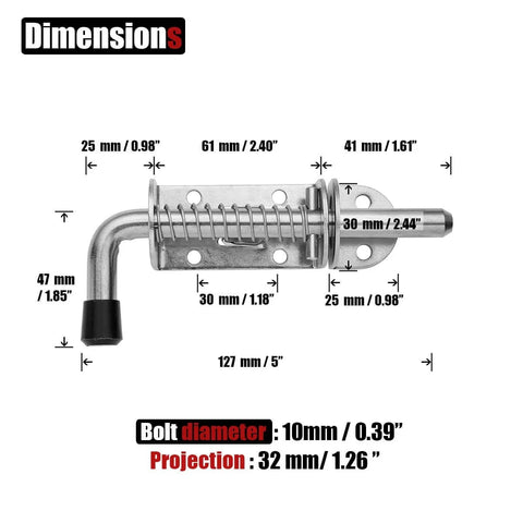 Spring Loaded Latch Pin 304 Stainless Steel Barrel Bolt Thickened 2mm Door Lock 5 Inch Brushed Finish dimensions