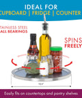 Stainless Steel Lazy Susan Turntable Organizer For Pantry And Countertop, Single Tier, showing 10.5-inch diameter with spices