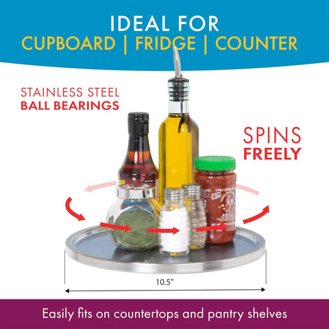 Stainless Steel Lazy Susan Turntable Organizer For Pantry And Countertop, Single Tier, showing 10.5-inch diameter with spices