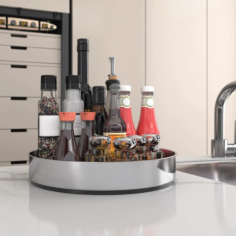 Stainless Steel Black Lazy Susan Turntable For Pantry Cabinet And Kitchen Storage 12 Inch Spice Rack Organizer on countertop