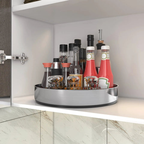 Stainless Steel Black Lazy Susan Turntable For Pantry Cabinet And Kitchen Storage 12 Inch Spice Rack Organizer holding bottles