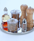 Stainless Steel Lazy Susan Turntable Organizer For Pantry And Countertop, Single Tier, holding spices and utensils, 10.5 inch diameter