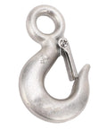 Stainless steel heavy-duty lifting hook with latch, 1-ton capacity, 110mm length, 19mm ring diameter.