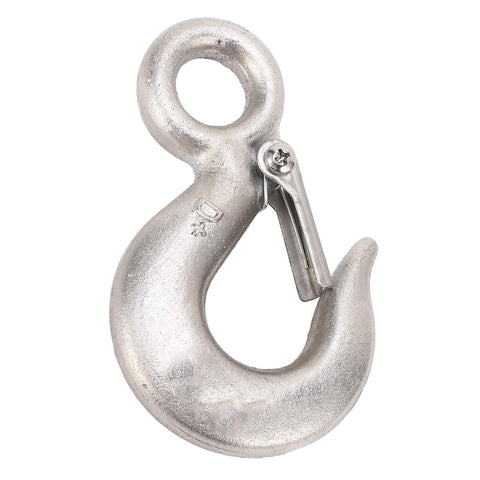 Stainless steel heavy-duty lifting hook with latch, 1-ton capacity, 110mm length, 19mm ring diameter.