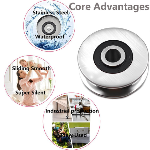 Stainless Steel Deep Groove Ball Bearing Lifting Pulley Wheel For Wire Rope 8mm Inner Diameter 400kg Capacity 50mm Wheel Beefy Heavy Duty Build Anti Rust Durable Construction Ultra Silent Double Bearing Pulley For Lifting shown with core advantages