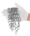 White-gloved hand holding a ✝️ 1/8" 6.5Ft Stainless Steel Link Chain, 3mm Heavy Duty Dog Chain 304 Steel 75 LBS Load Bearing with 2 Locking