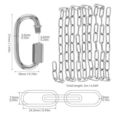 1/8" 6.5Ft Stainless Steel Link Chain, 3mm Heavy Duty Dog Chain 304 Steel 75 LBS Load Bearing with 2 Locking Snap Hooks diagram