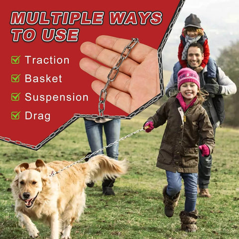 Family using 304 Stainless Steel Link Chain, 5/64in-33ft, Small Hanging Chain Link for pet walking outdoors; includes traction, basket, suspension.