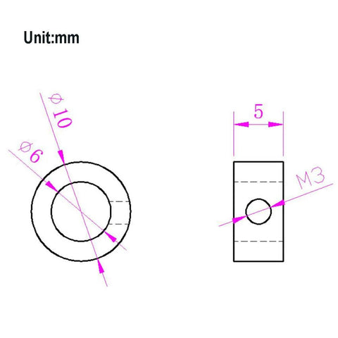 Technical diagram of Stainless Steel 6mm Shaft Lock Collar Set For CNC Parts And 3D Printers, dimensions Ø6mm ID, Ø10mm OD, 5mm height.