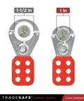 Two stainless steel lockout hasps with nylon handles, showing 1 inch and 1.5 inch jaw sizes for group lockout LOTO.