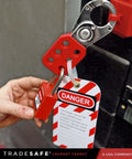 Stainless Steel Lockout Hasp With Nylon Handle For Group Lockout LOTO Tamper Proof And Impact Resistant 1 Inch Jaw in use