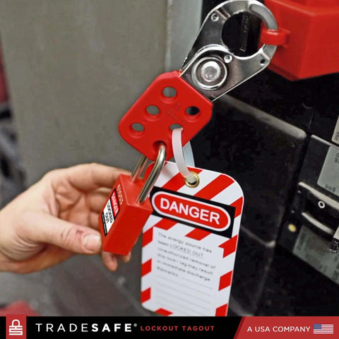 Stainless Steel Lockout Hasp With Nylon Handle For Group Lockout LOTO Tamper Proof And Impact Resistant 1 Inch Jaw in use