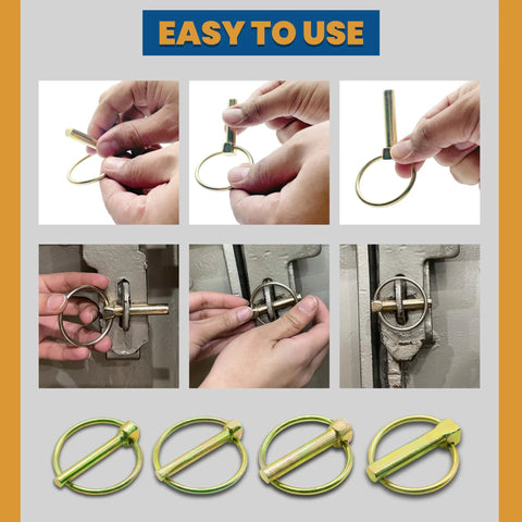 Image showing hands using Lynch Pin Assortment Kit For Trucks Tractors Trailers And More With 6 Pins 7/16 X 1-3/4 Inches Stainless Steel Lynch Pins with ring for hitch retention and wheel axle security, easy installation steps