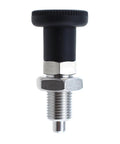 Stainless Steel Spring Return Knob Plunger M10 Push Fit Ball Nose Indexing with black knob, shown vertically for industrial use