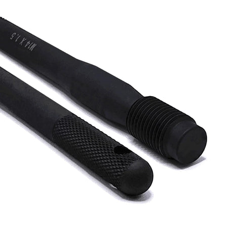 Close-up of Two Piece Stainless Steel M14x1.5 Wheel Alignment Pins showing threaded ends and knurled handles for tire mounting