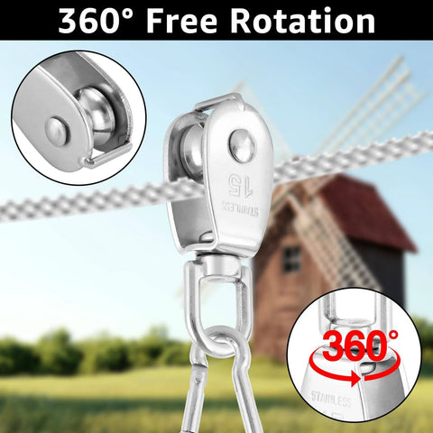 10Pcs M15 Single Pulley Block, 304 Stainless Steel Wire Rope Pulley with 360° rotation and snap hook, outdoor setting