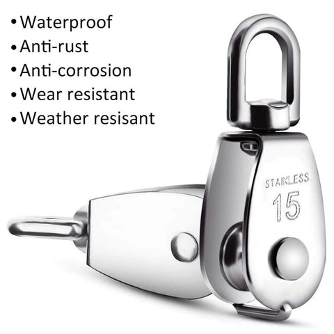 ✝️ ,2Pcs 304 Stainless Steel M15 Silver Single Pulley Block Wire Rope Hanging Wire Towing Wheel close-up showcasing features