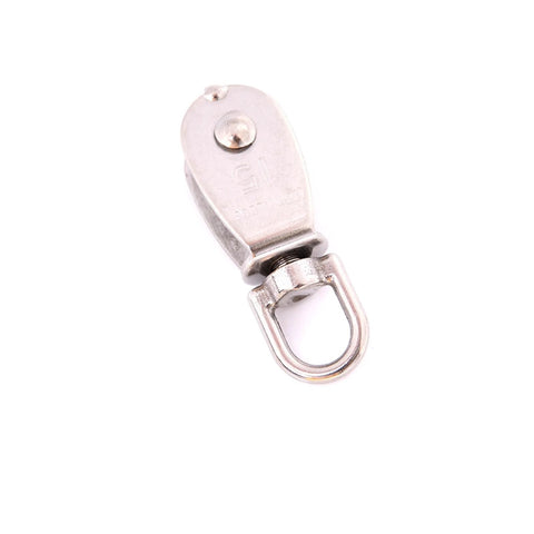 Stainless Steel M15 Wheel Swivel Pulley Block Heavy Duty Steel Single Wheel Swivel Lifting Rope Pulley for Wire Rope, top view.