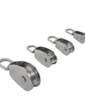 Four sizes of Stainless Steel Pulley M15 Single Wheel Swivel Lifting Rope Pulley Set Lifting Wheel Tools arranged in a row