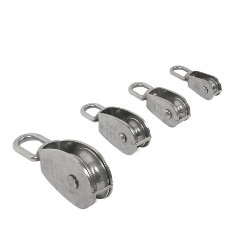 Four sizes of Stainless Steel Pulley M15 Single Wheel Swivel Lifting Rope Pulley Set Lifting Wheel Tools arranged in a row