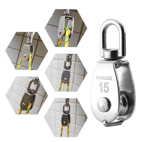 4-Pack Stainless Steel Wire Rope Crane Pulley Block M15 Crane Rotary Hook Single Pulley Block Suspension Line Traction Wheel(4pcs)