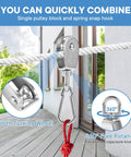 ✝️ 6Pcs 304 Stainless Steel M15 Single Pulley Block, Wire Rope Hanging Wire Towing Wheel with 6Pcs Spring Snap Hook in use outdoors.