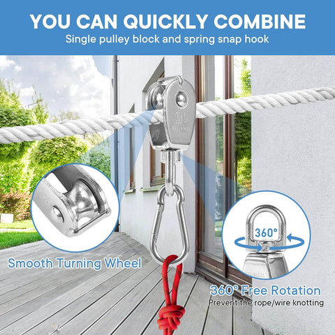 ✝️ 6Pcs 304 Stainless Steel M15 Single Pulley Block, Wire Rope Hanging Wire Towing Wheel with 6Pcs Spring Snap Hook in use outdoors.
