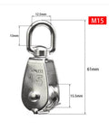 Front view of Stainless Steel Pulley M15 Single Wheel Swivel Lifting Rope Pulley Set Lifting Wheel Tools(M15), showing measurements.