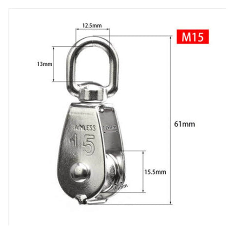 Front view of Stainless Steel Pulley M15 Single Wheel Swivel Lifting Rope Pulley Set Lifting Wheel Tools(M15), showing measurements.
