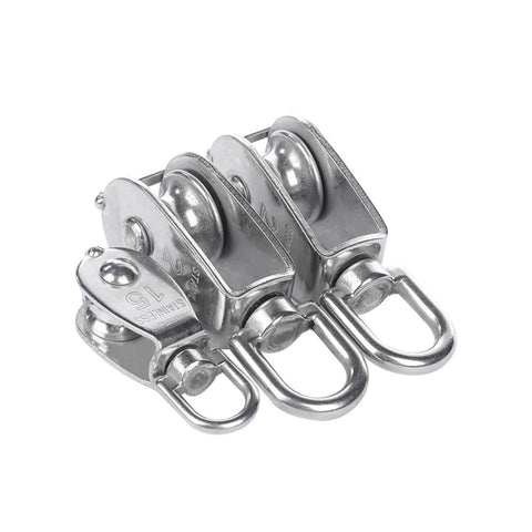 Stainless Steel Pulley M15 Single Wheel Swivel Lifting Rope Pulley Set with three pulleys in a row, side view