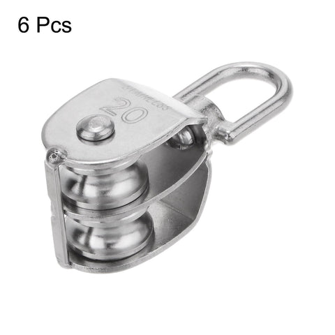 Front view of 6pcs M20 Double Pulley Block, Stainless Steel Swivel Rigging Lifting Wheel Fixed Pulley with double sheave