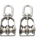 2 Packs Stainless M20 Double Pulley Block Lifting Teaction Wheel Wire Rope Crane for Lifting and Hanging, stainless steel, front view