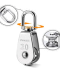 M20 stainless steel pulley system set for lifting with rope showing 360-degree swivel design, close-up view.