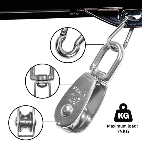 10 Pcs M20 Single Pulley Block 304 Stainless Steel M20 Pulleys for Rope, Small Single Pulley with 10Pcs Spring Snap Hook