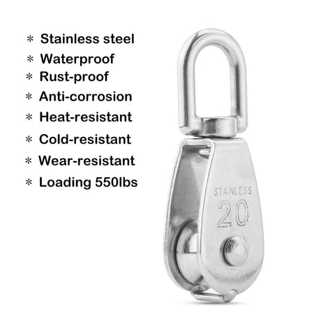 Close-up of 16 Pack M20 Single Pulley Block With 200lbs Load Capacity In 304 Stainless Steel, showing features like rust-proof and heat-resistant properties.