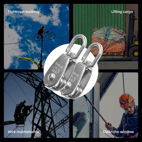 10 Pcs M20 Single Pulley Block 304 Stainless Steel M20 Pulleys for Rope and 10Pcs Spring Snap Hook in various outdoor uses