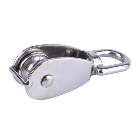 Stainless steel M20 single wheel pulley for wire rope hoisting, built with a 304 stainless steel body, 360 degree swivel wheel, 20mm pulley size, and 75kg load rating