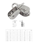 Stainless steel M20 single wheel pulley for wire rope hoisting, built with a 304 stainless steel body, 360 degree swivel wheel, 20mm pulley size, and 75kg load rating, designed for smooth hanging and light lifting in garages, and marine environments.