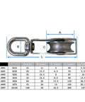 Single Swivel Lifting 0.3" Rope Pulley Roller Block Sheave 0.03 Ton(M20 Double) side view with dimensions chart