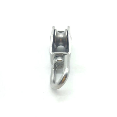 Close-up of 4Pcs M25 Stainless Steel Wire Rope Crane Double Pulley Block Lifting Crane Swivel Hook in stainless steel.